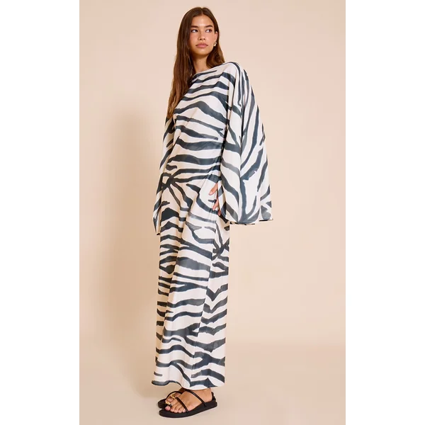 Zebra Print Floaty Woven Flared Sleeve Maxi Dress