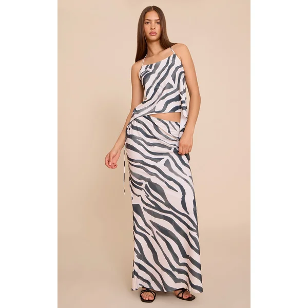 Zebra Print Floaty Woven Tie Side Low Rise Maxi Skirt